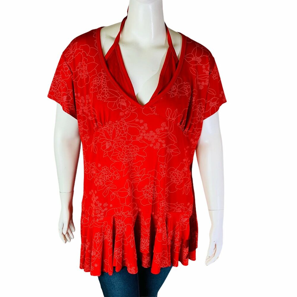 Erica Brooke Collection Womans 24 Plus Blouse Tunic Red Short‎ Sleeve Flounce